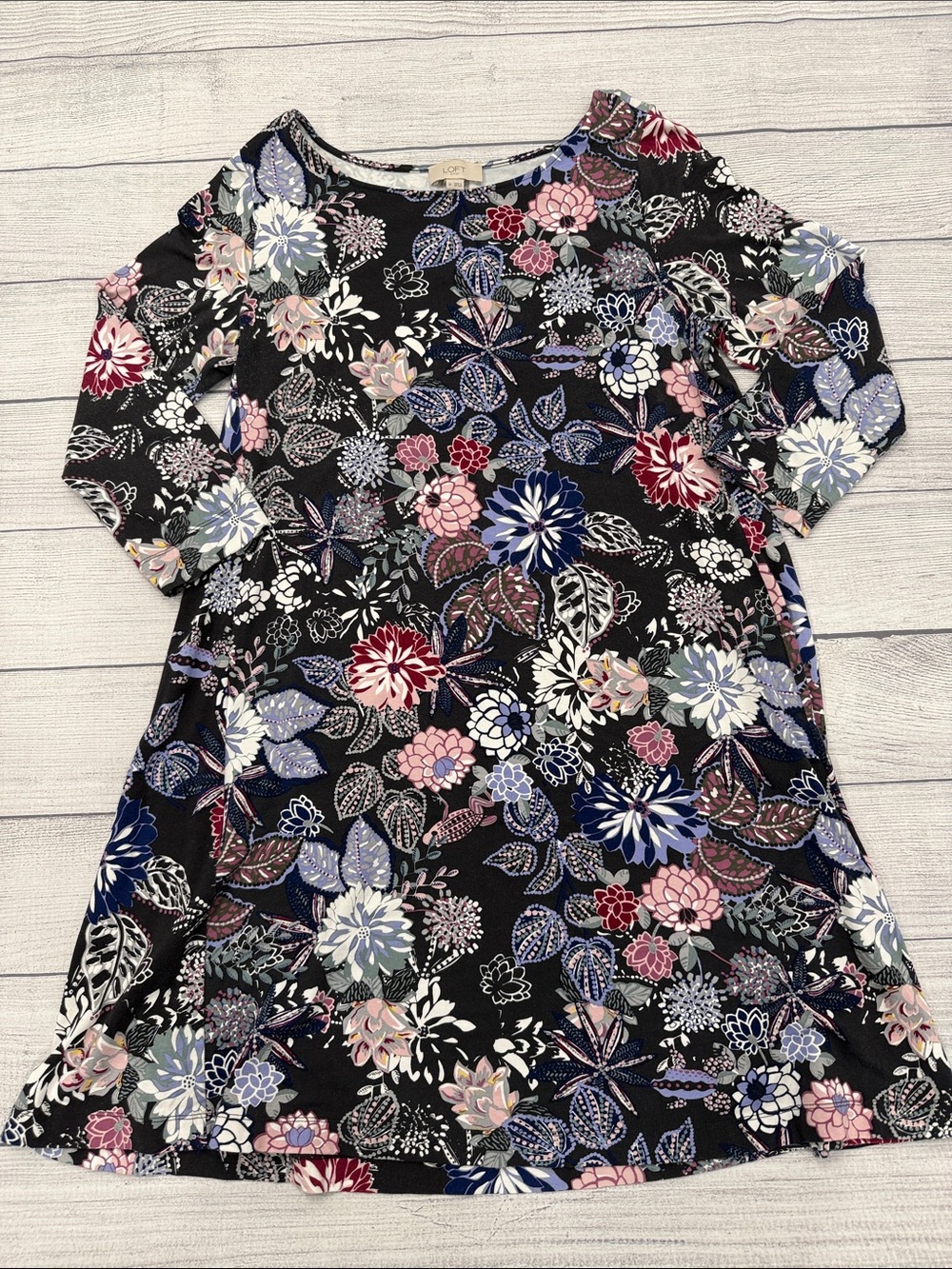 LOFT Outlet Floral Swing Dress Womens Medium Black Pink Blue 3/4 Sleeve